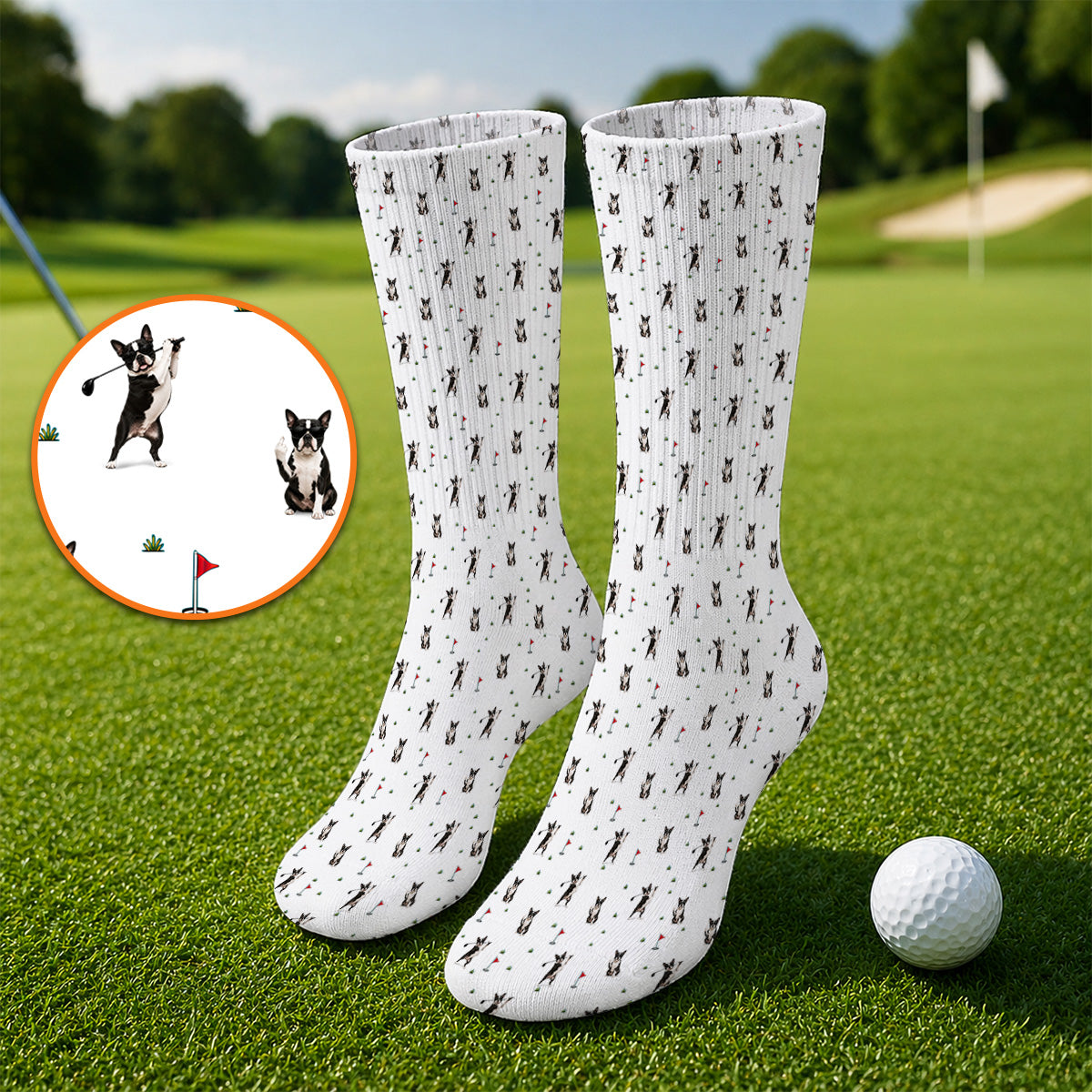 Boston Terrier Pattern Golf Socks, Crazy Boston Terrier Golf Sock, Golf Gift For Golfer