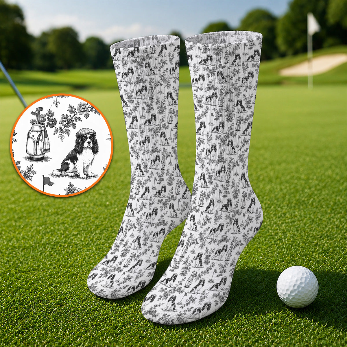 Funny Cavalier King Charles Spaniel Golf Sock, Toile de Jouy Cavalier Pattern Golf Socks, Golf Gift For Golfer