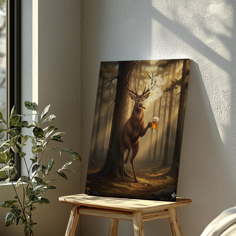 Beer & Cigar Deer Canvas – Funny Man Cave Cabin Wall Art