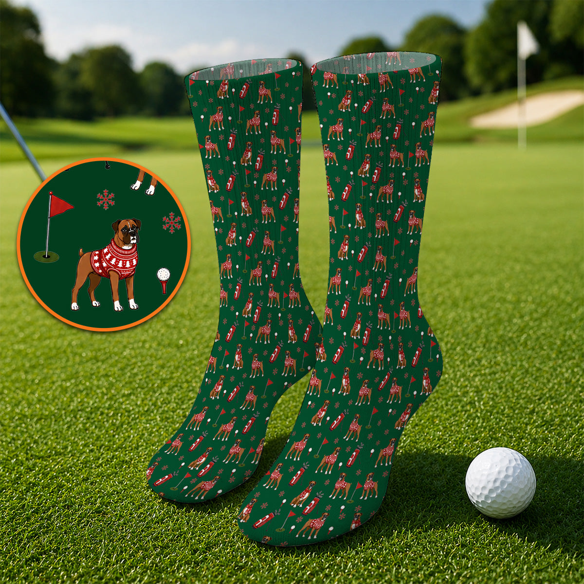 Boxer Christmas Golf Polos, Holiday Dog Pattern Golf Shirt, Festive Golf Gift for Golfers