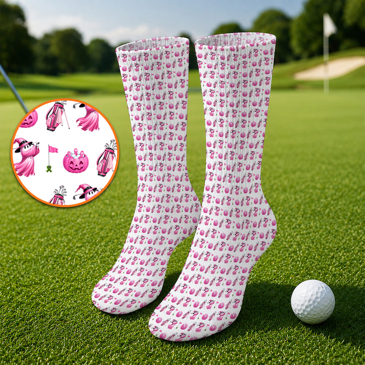 Pink Pumpkin Swing Breast Cancer Awareness Golf Socks, Halloween Golf & Pink Ribbon Pattern Sock, October Golf Gift For Golfer