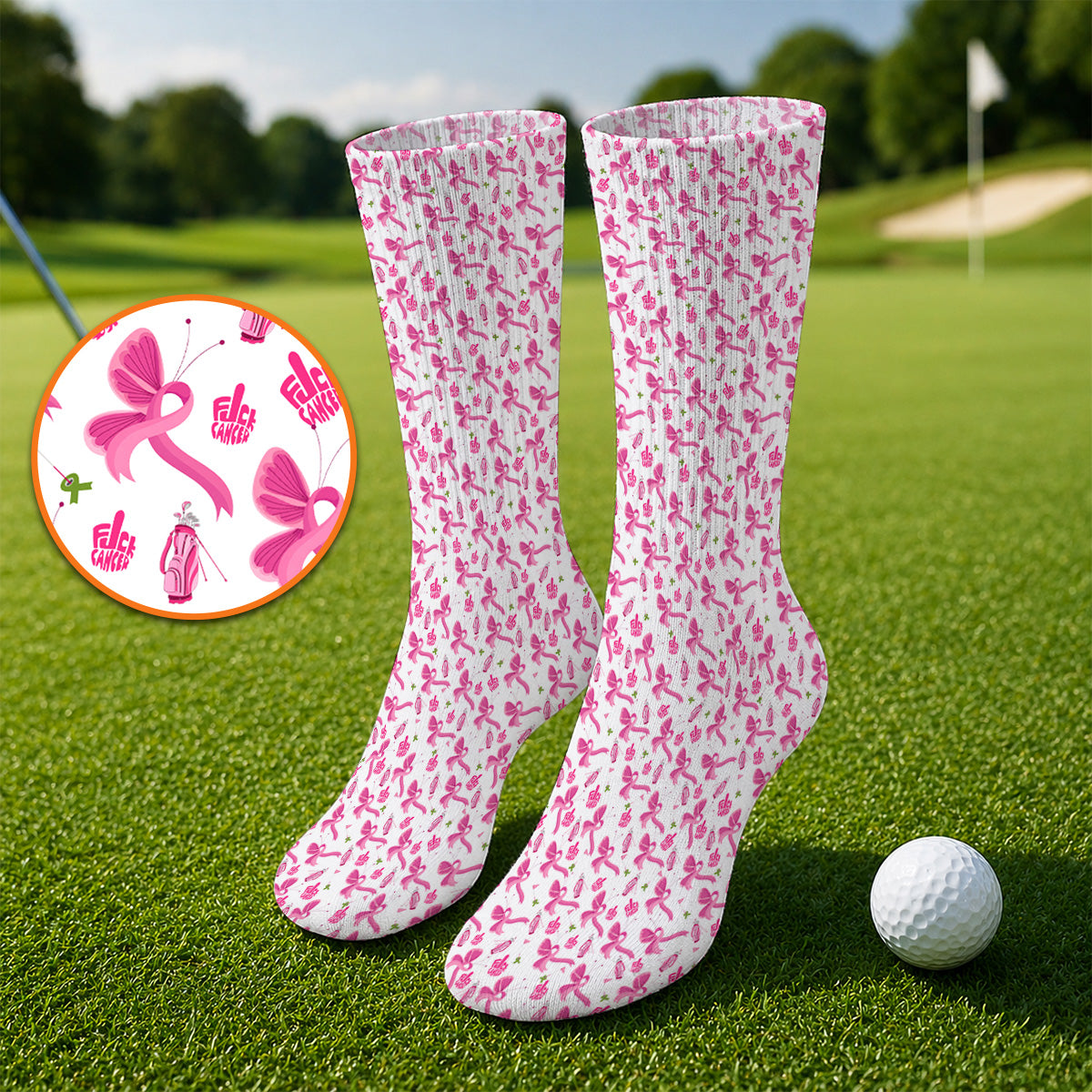 Fight With Every Swing Breast Cancer Awareness Golf Socks, Pink Ribbon & Golf Pattern Sock, Support Gift for Golfers