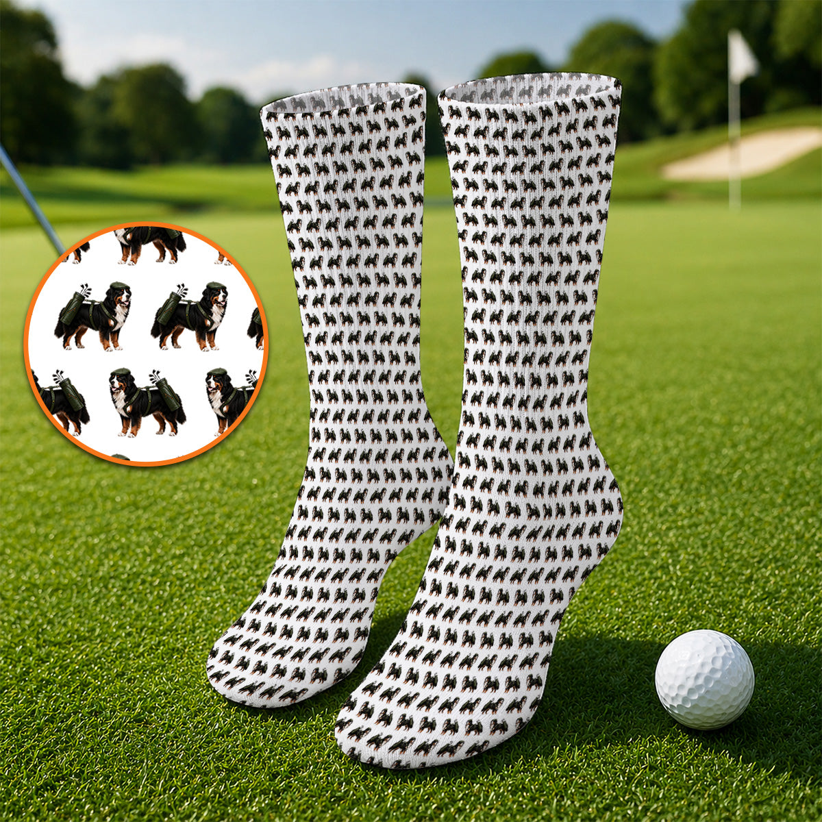 Funny Bernese Mountain Golf Pattern Socks, Bernese Golf Sock For Dog Lover, Golf Gift For Golfer