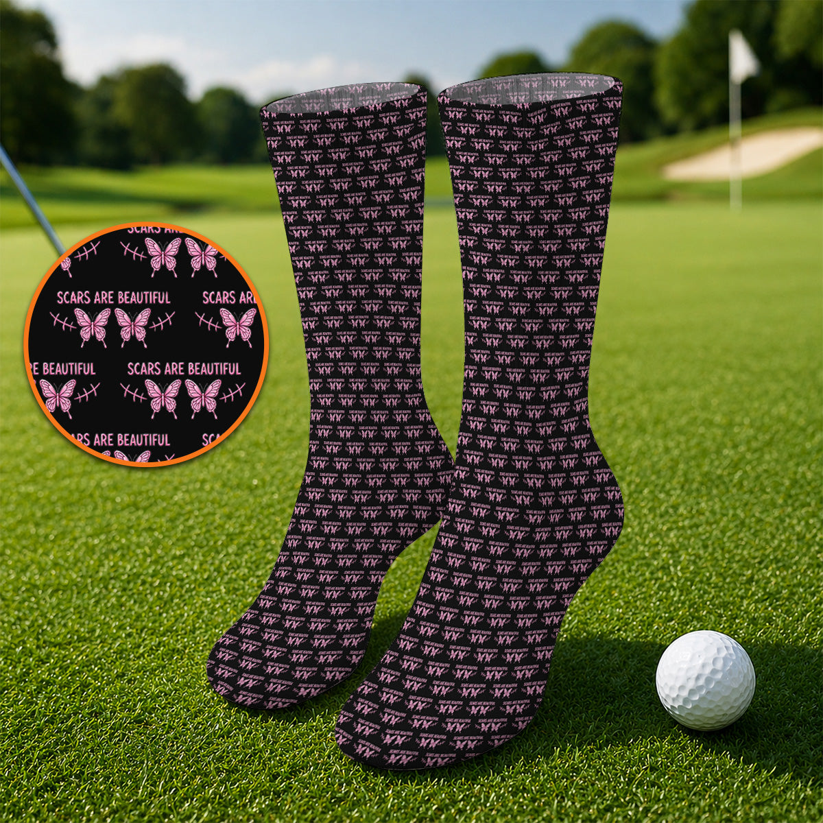 Scars Are Beautiful Breast Cancer Awareness Golf Socks, Pink Butterfly Survivor Pattern Sock, Inspirational Golf Gift for Golfer