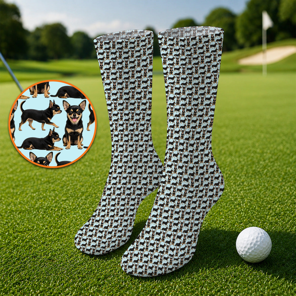 Funny Black Chihuahua Golf Sock, Cute Chihuahua Golf Pattern Socks, Dog Lovers Golf Gift For Golfer