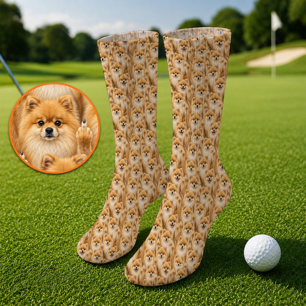 Crazy Pomeranian Pattern Golf Socks, Pomeranian Dog Golf Sock, Golf Gift For Golfer
