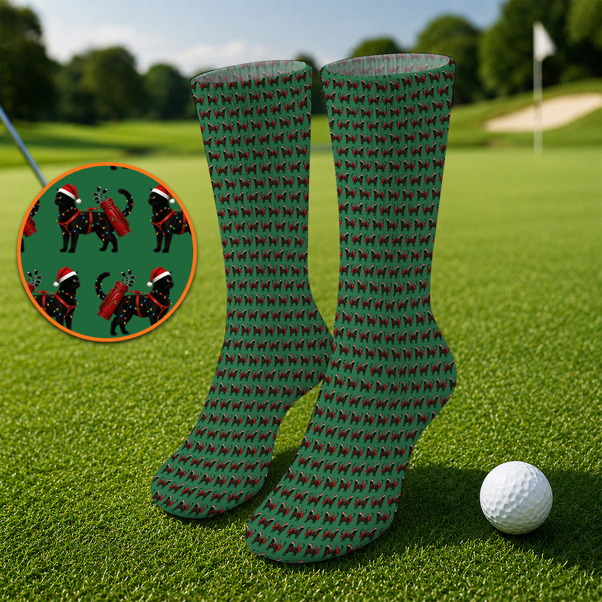 Black Cat Christmas Golf Socks, Crazy Cats Golf Sock For Xmas Holiday, Golf Gift For Cat Loving Golfer