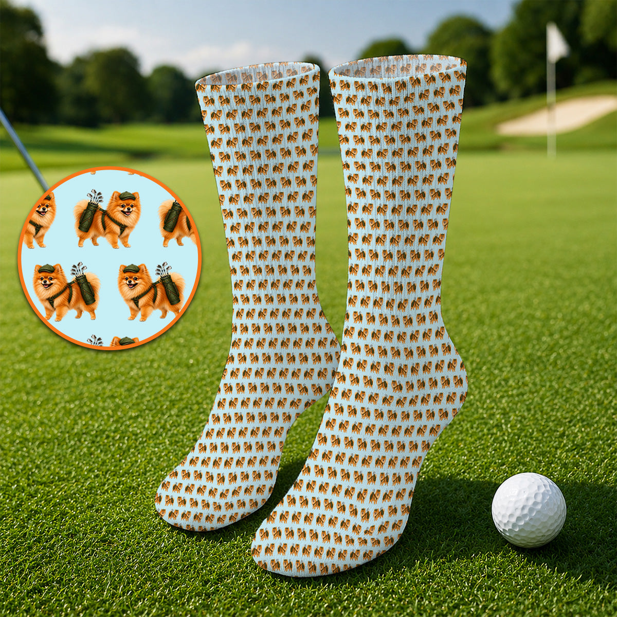 Golden Pomeranian Pattern Golf Socks, Cute Pomeranian Dog Golf Sock, Funny Golf Gift For Golfer
