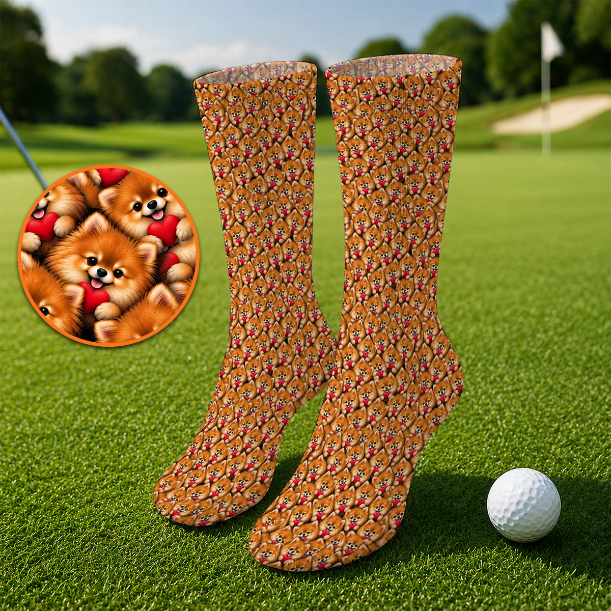 Cute Pomeranian Hearts Pattern Golf Socks, Funny Golf Sock For Dog Lovers, Golf Gift For Golfers