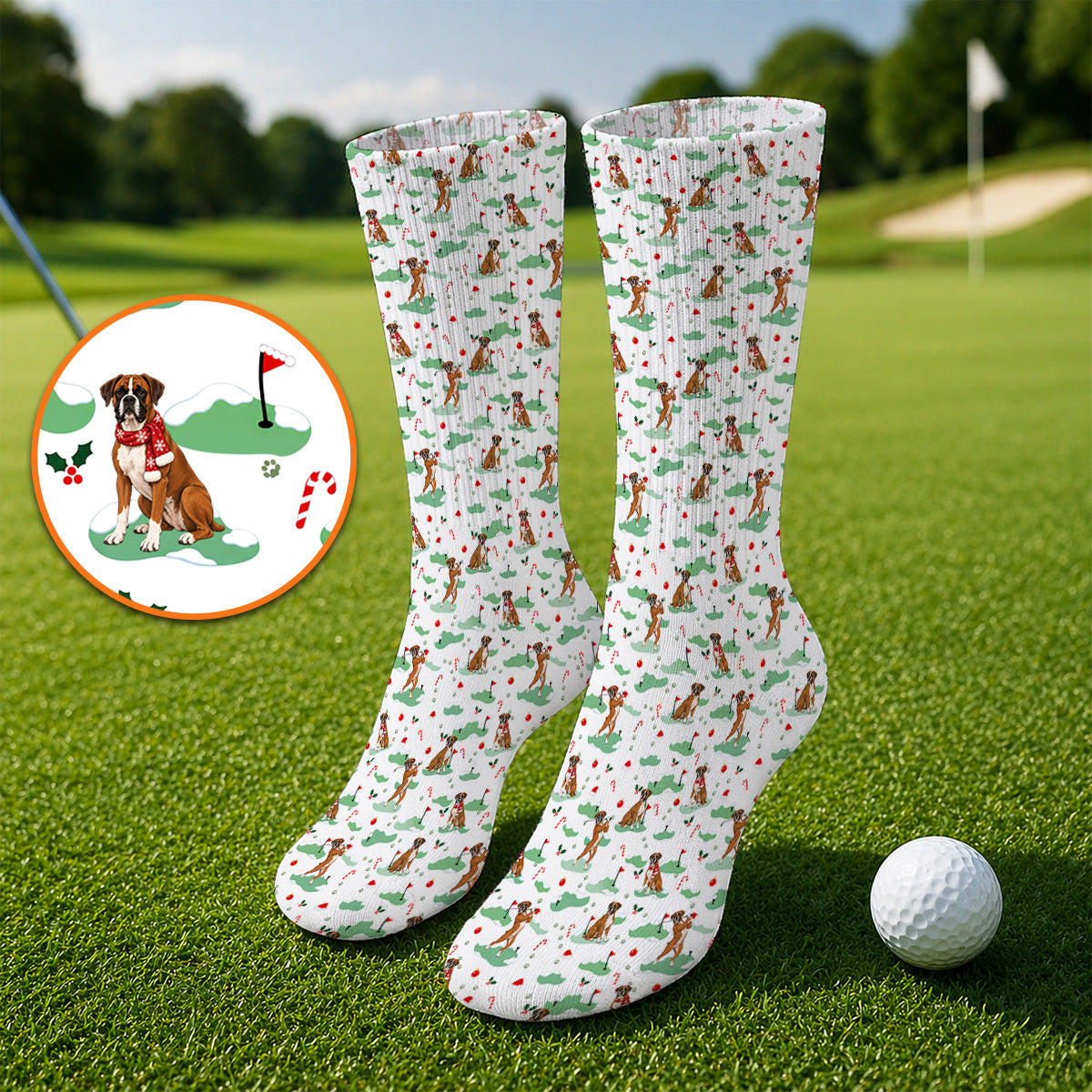 Funny Boxer Christmas Golf Socks, Xmas Boxer Dog Pattern Golf Sock, Golf Gift For Golfer