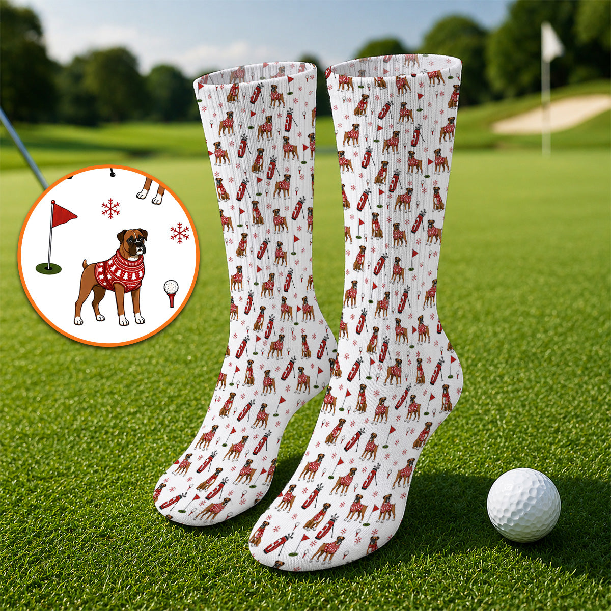 Boxer Christmas Golf Polos, Holiday Dog Pattern Golf Shirt, Festive Golf Gift for Golfers