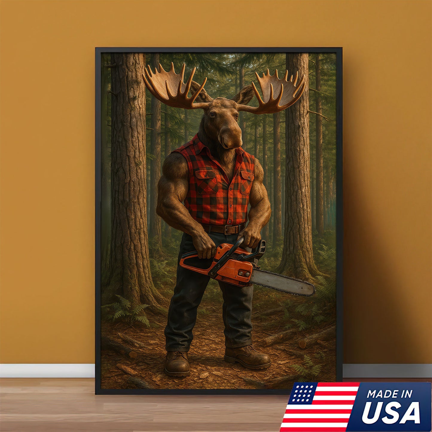 Maine Canvas Wall Art, Lumberjack Moose Chainsaw Portrait Print, Rustic Northern Cabin Decor For Man Cave Walls