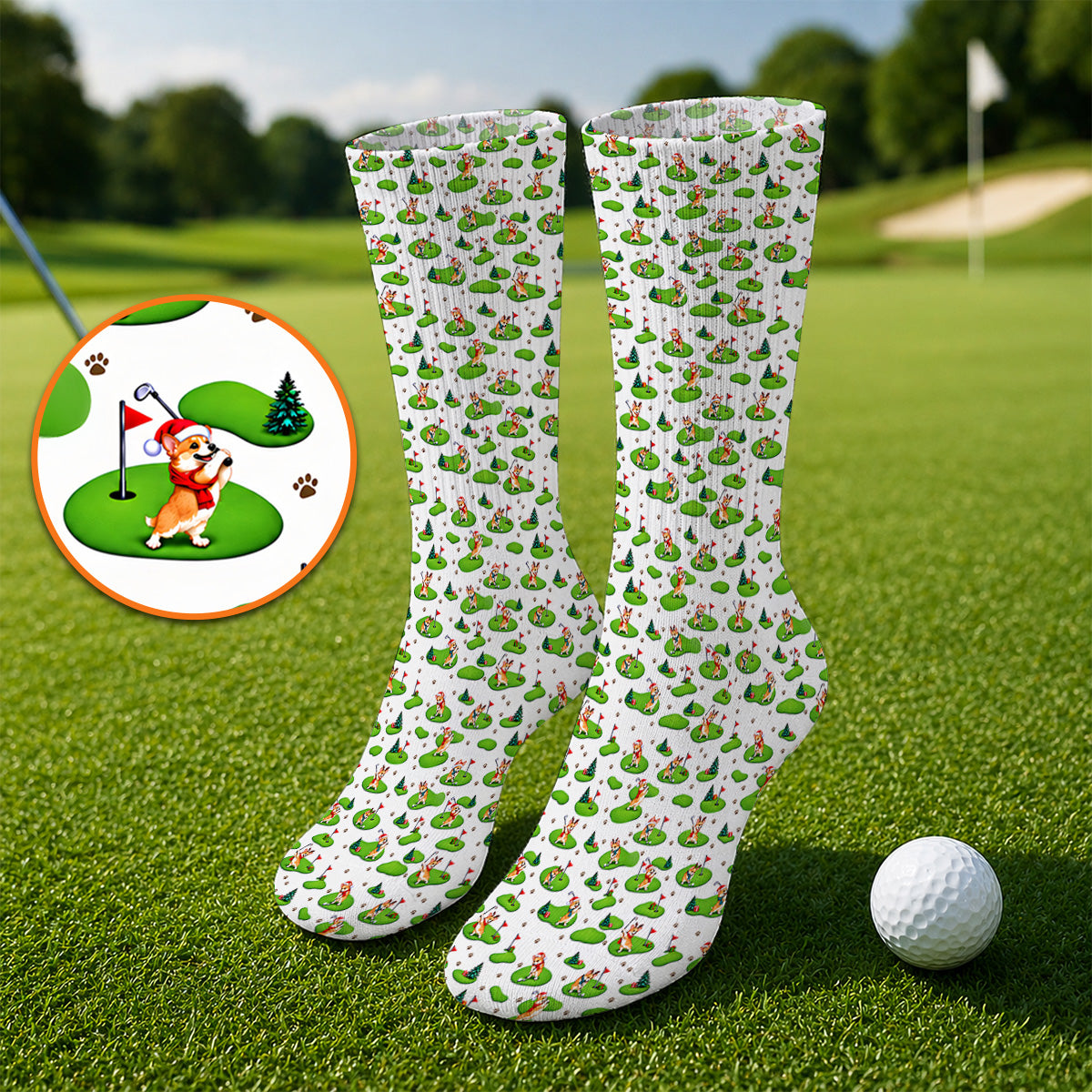 Corgi Christmas Golf Socks, Xmas Corgi Pattern Golf Sock, Crazy Golf Gift For Golfers