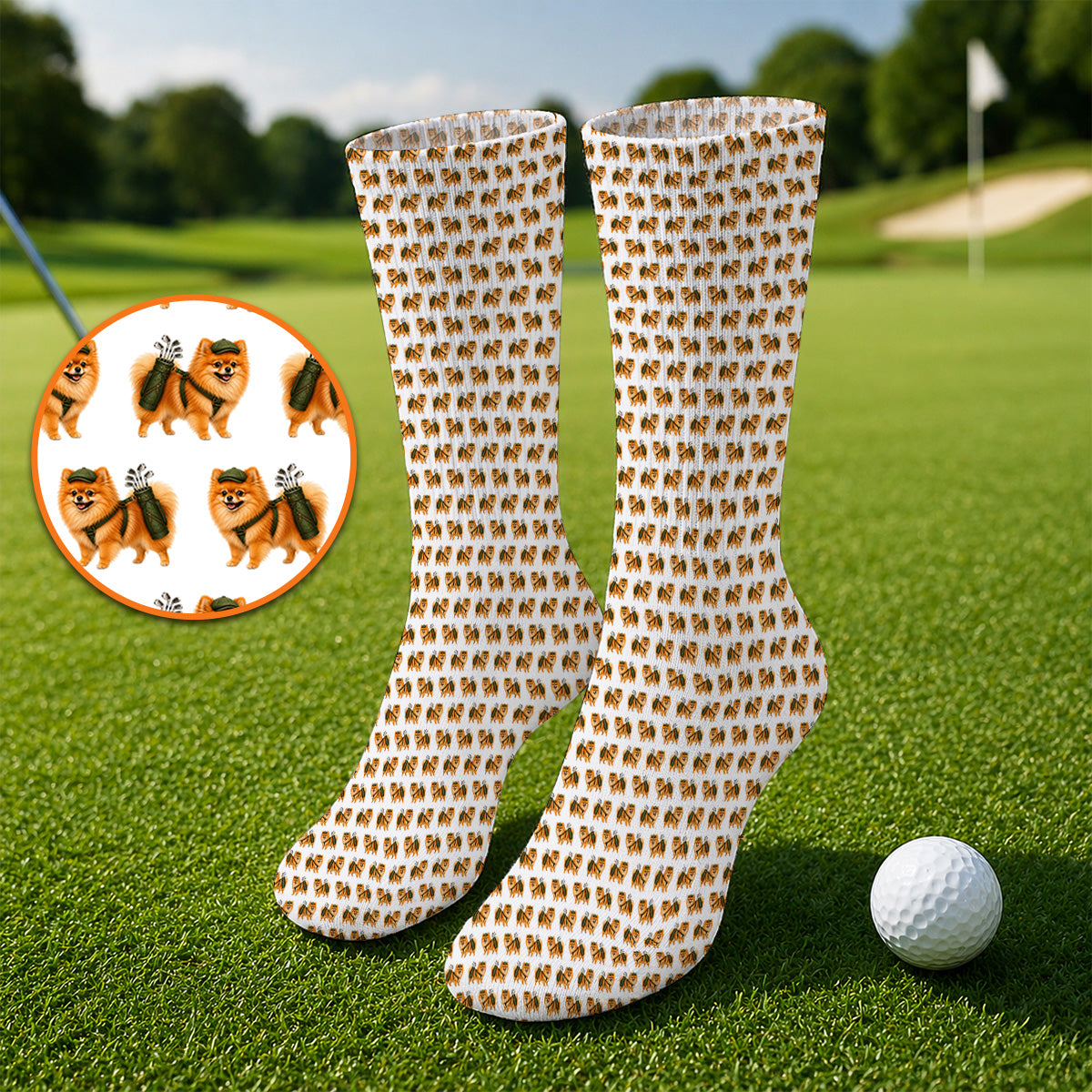 Golden Pomeranian Pattern Golf Socks, Cute Pomeranian Dog Golf Sock, Funny Golf Gift For Golfer