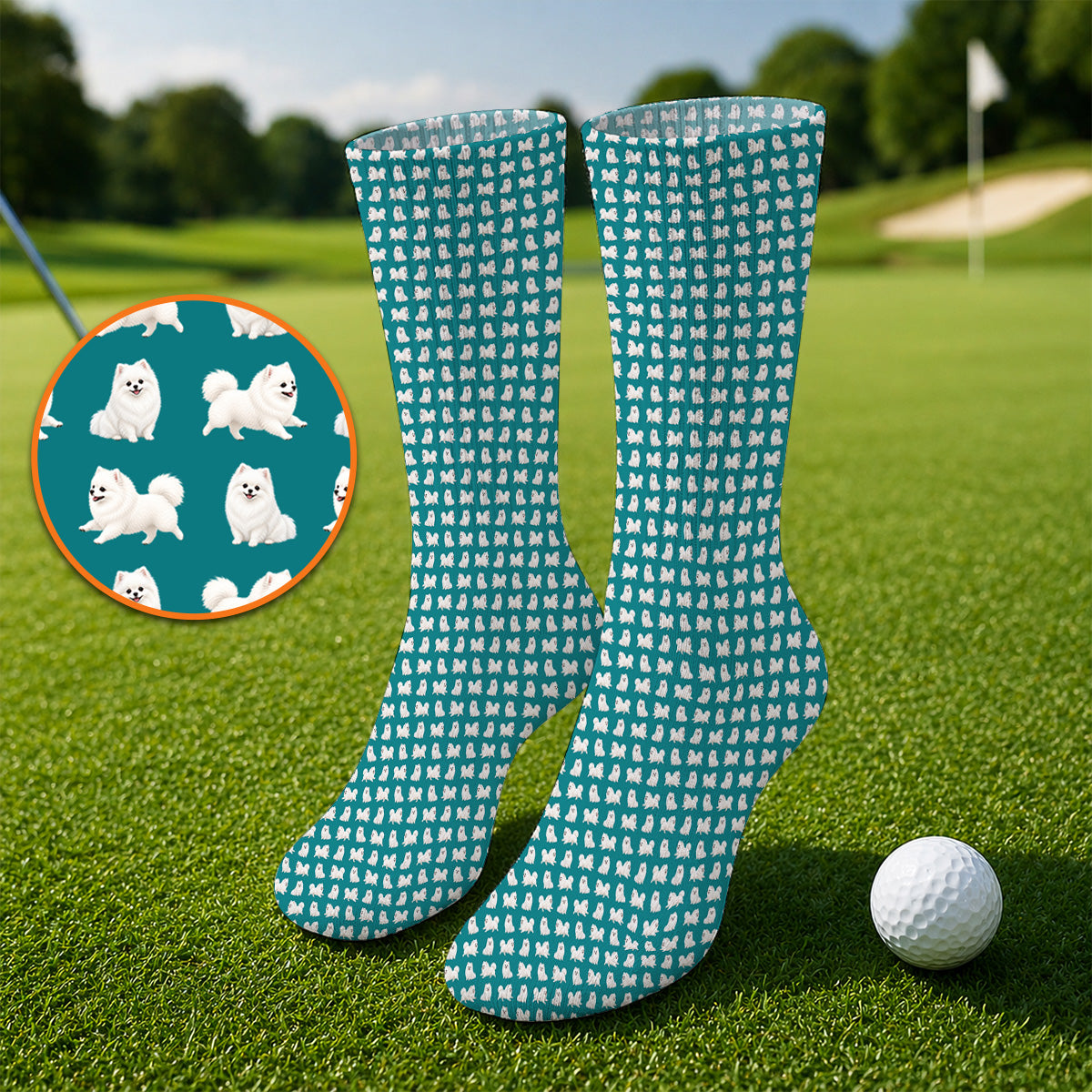 White Pomeranian Pattern Golf Socks, Cute Pomeranian Dog Golf Sock, Crazy Golf Gift For Golfer