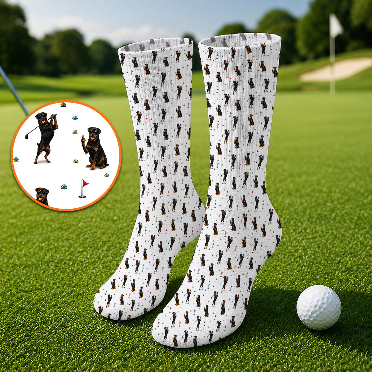 Rottweiler Golf Pattern Socks, Funny Rottweiler Playing Golf Sock, Dog Lover Gift For Golfer