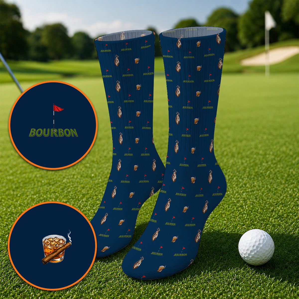 Bourbon & Cigar Golf Socks, Whiskey Golf Pattern Sock, Funny Bourbon Gift For Golfers