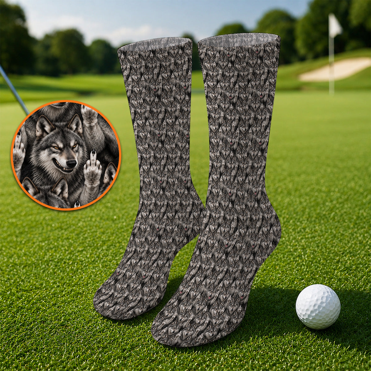 Crazy Wolf Golf Socks, Wolf Golf Pattern Sock, Golf Gift for Golfers