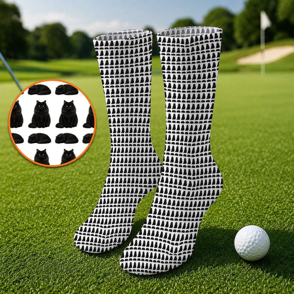 Black Persian Cat Golf Socks, Cute Black Persian Pattern Golf Sock, Golf Gift for Cat Lovers