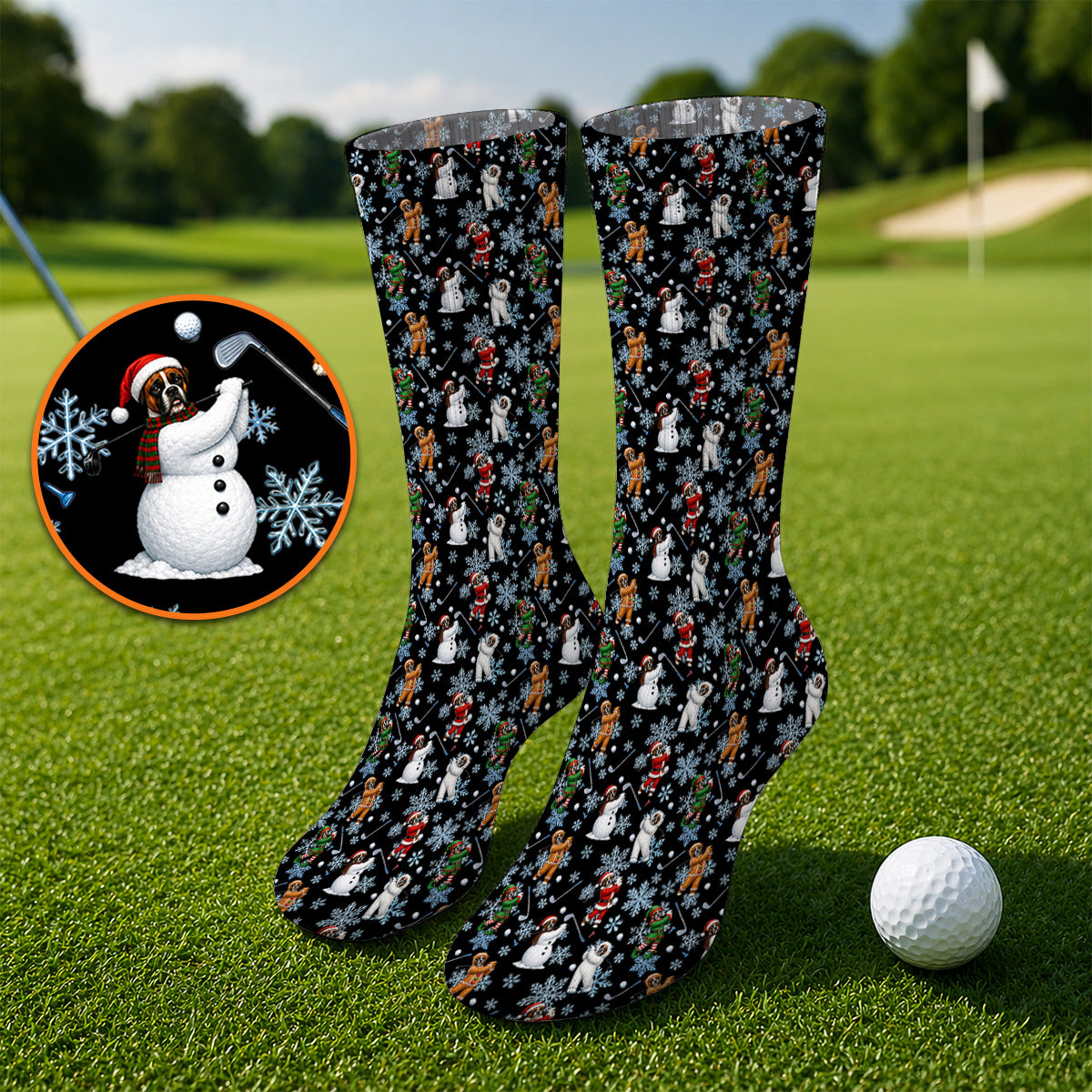 Boxer Christmas Pattern Golf Socks, Funny Holiday Boxer Golfer Sock, Christmas Golf Gift for Dog Lovers