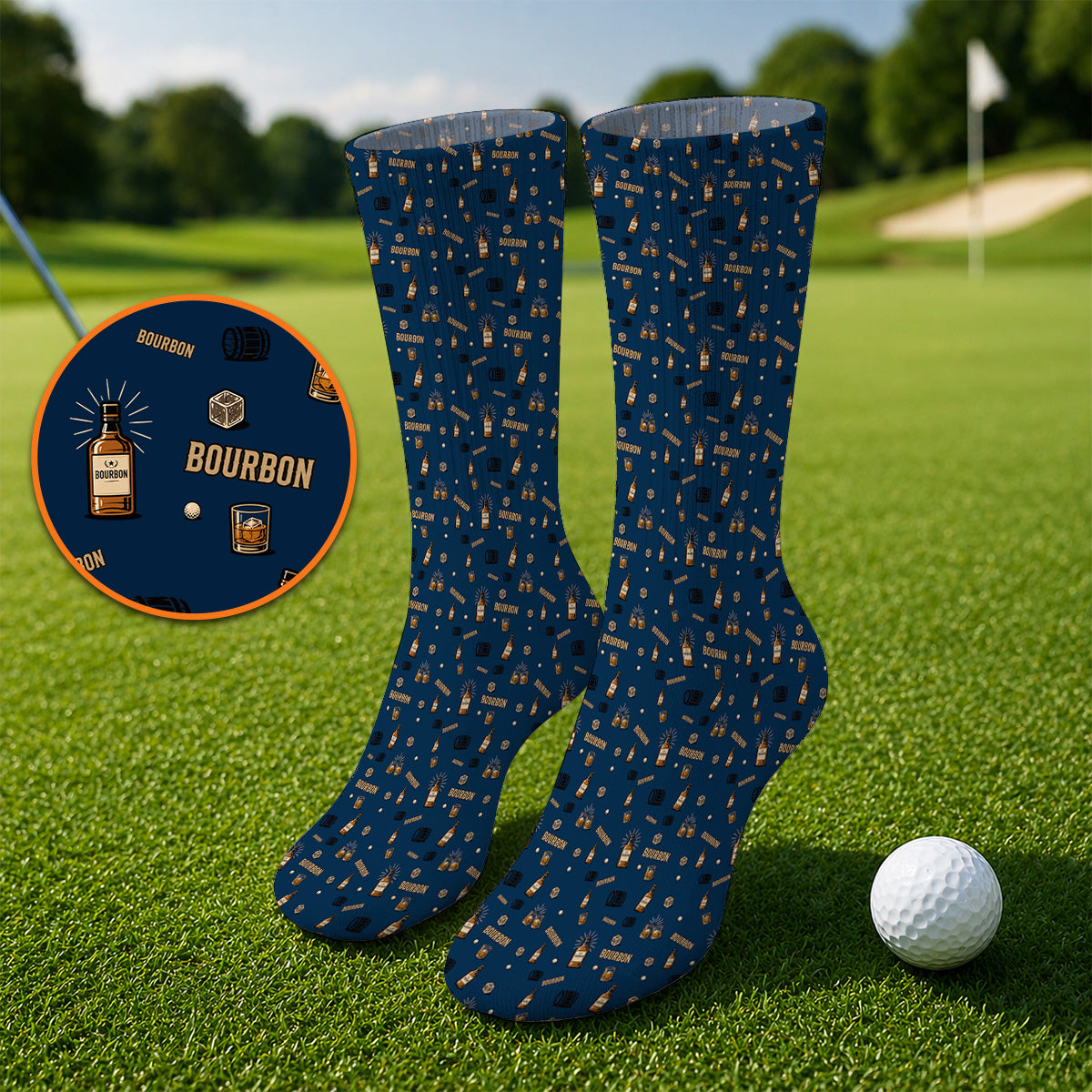 Bourbon Barrel Golf Socks, Whiskey Bottle & Rocks Pattern Sock, Vintage Drinking Golf Shirt for Golfer
