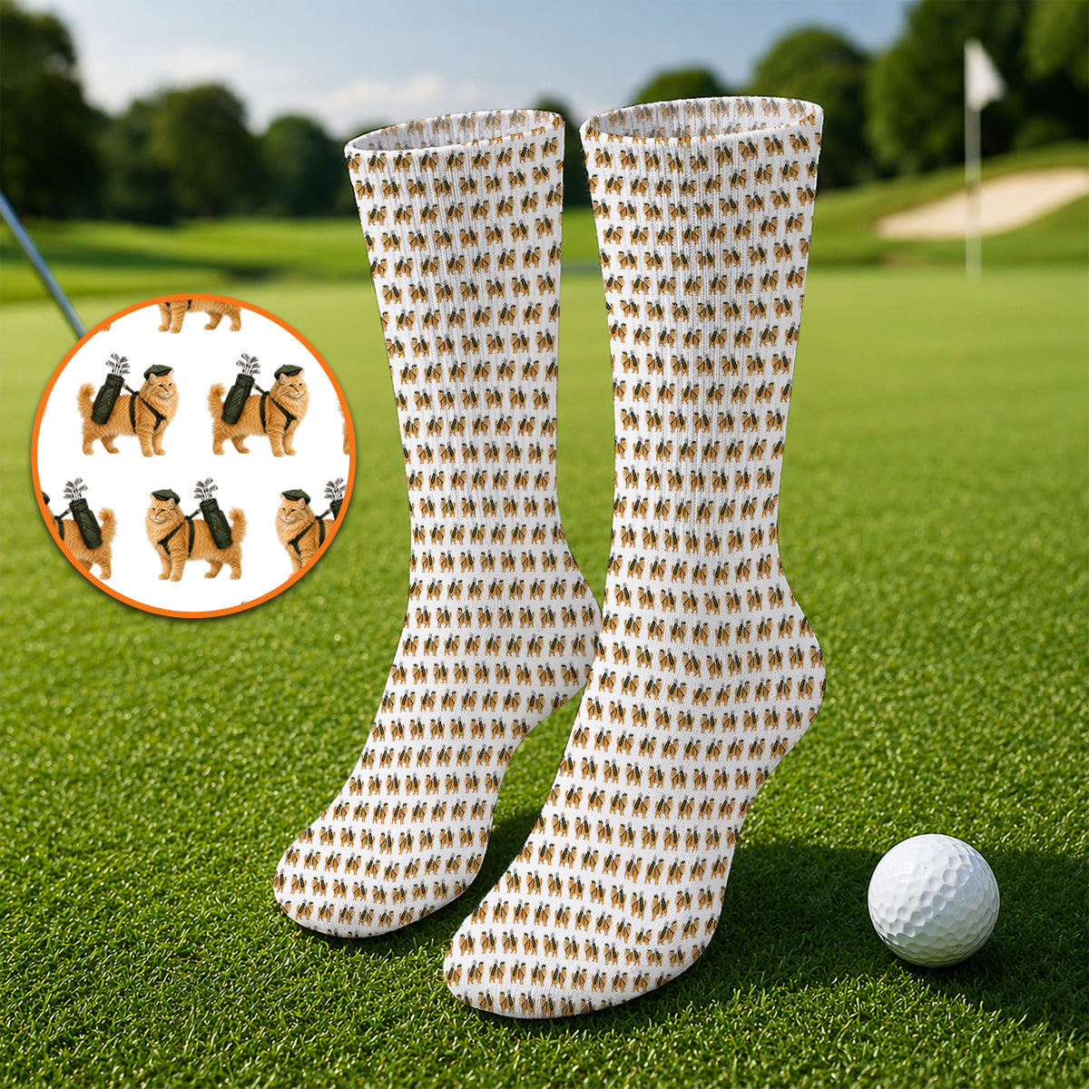 Ginger Long Hair Cat Golf Socks, Cute Orange Cat Pattern Golf Sock for Cat Lovers, Golf Gift for Long Haired Cat Owners