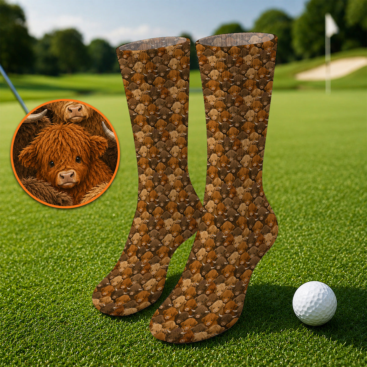 Highland Cow Pattern Golf Socks, Crazy Golf Gift For Golfer, Highland Cow Golf Sock