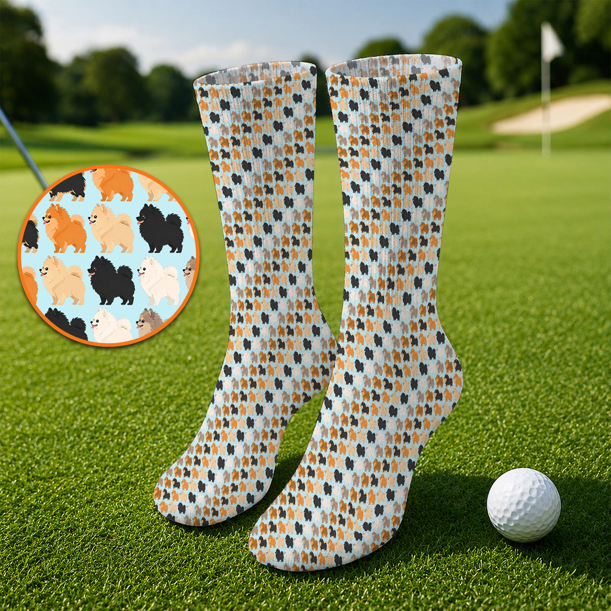 Cute Pomeranian Pattern Golf Socks, Pomeranian Dog Golf Sock, Funny Golf Gift For Golfer