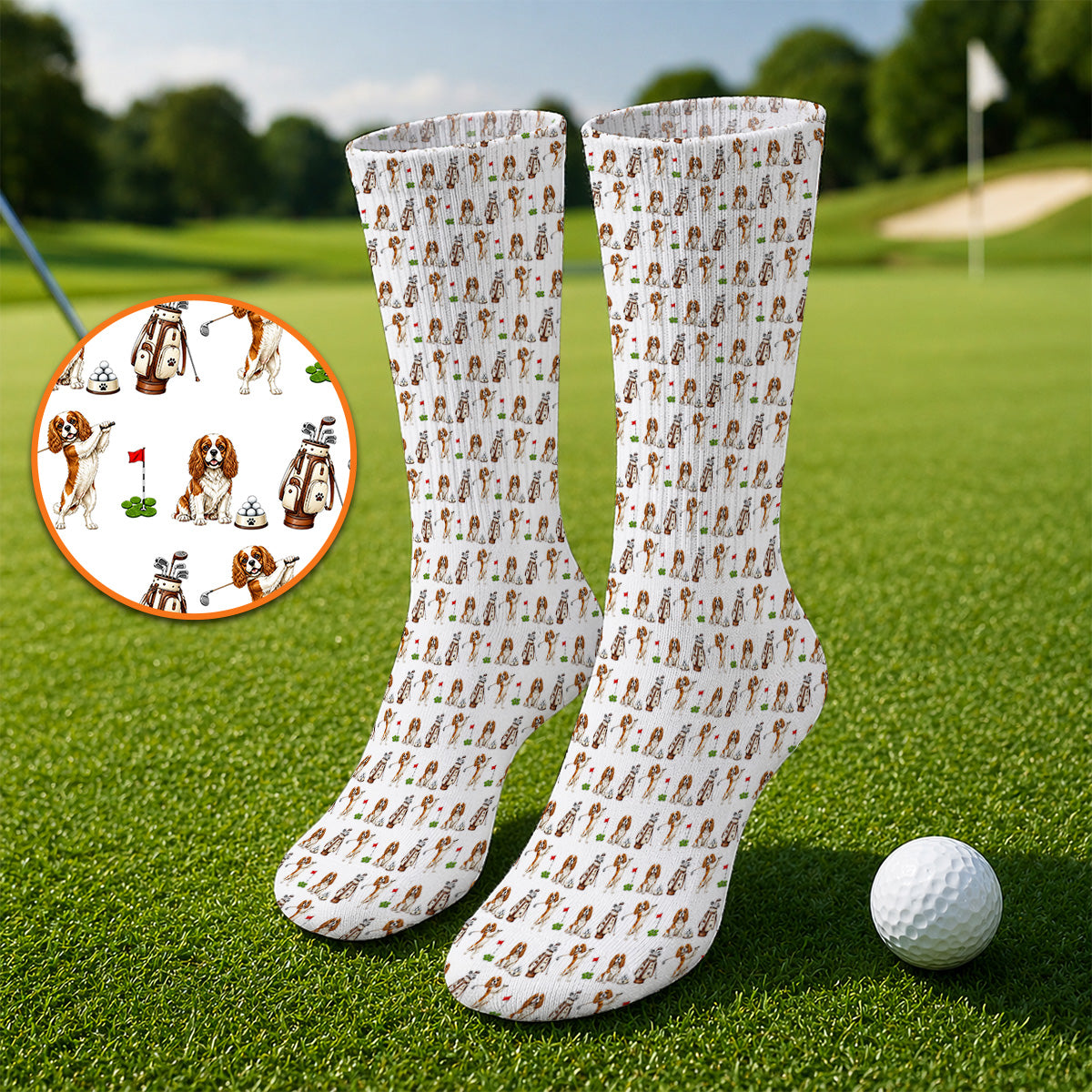King Charles Cavalier Spaniel Golf Socks For Golfer, King Charles Cavalier Spaniel Pattern Golf Sock, Dog Lover Golf Gift