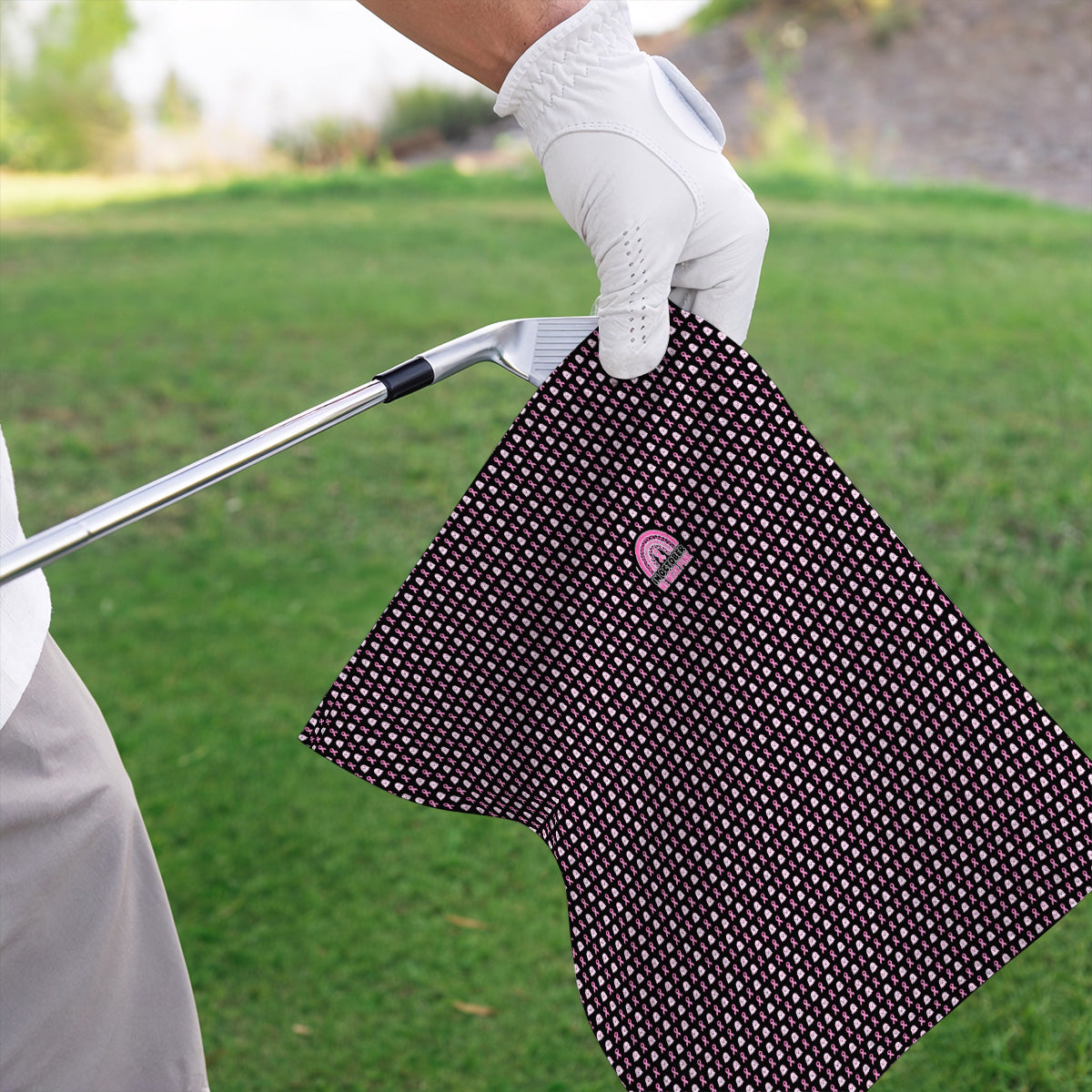 Breast Cancer Awareness Golf Towel, In October We Wear Pink Pattern Golf Towels, Pink Ribbon Golf Gift for Breast Cancer Support