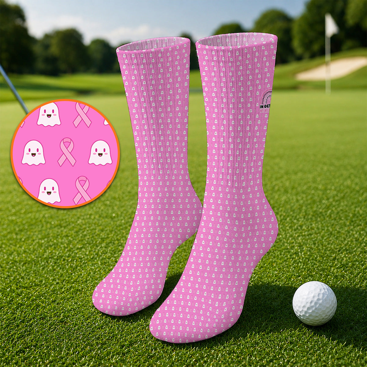 Breast Cancer Awareness Golf Socks, In October We Wear Pink Pattern Golf Sock, Pink Ribbon Golf Gift for Breast Cancer Support