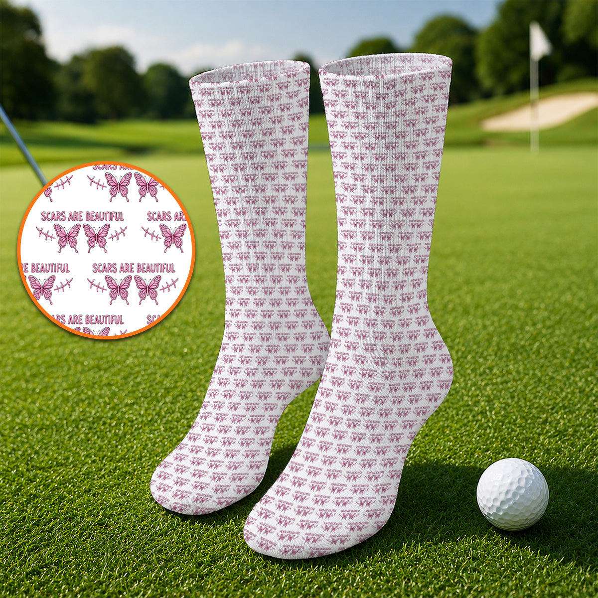 Scars Are Beautiful Breast Cancer Awareness Golf Socks, Pink Butterfly Survivor Pattern Sock, Inspirational Golf Gift for Golfer