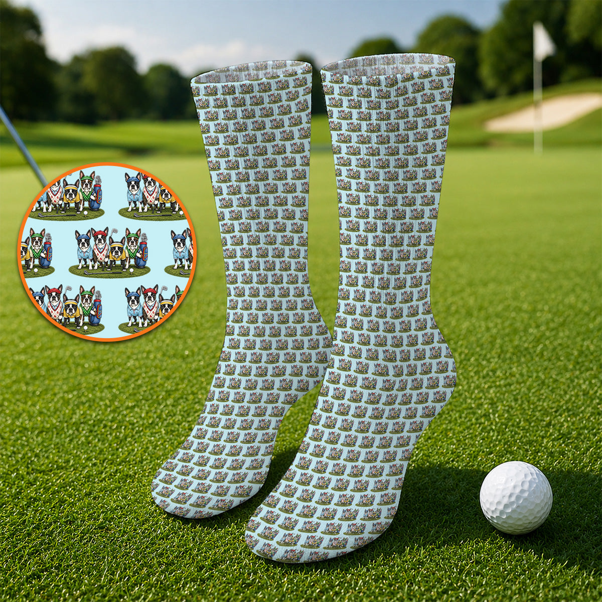 Boston Terrier Golf Pattern Socks, Funny Golfing Boston Terrier Sock, Dog Lover Golf Gift