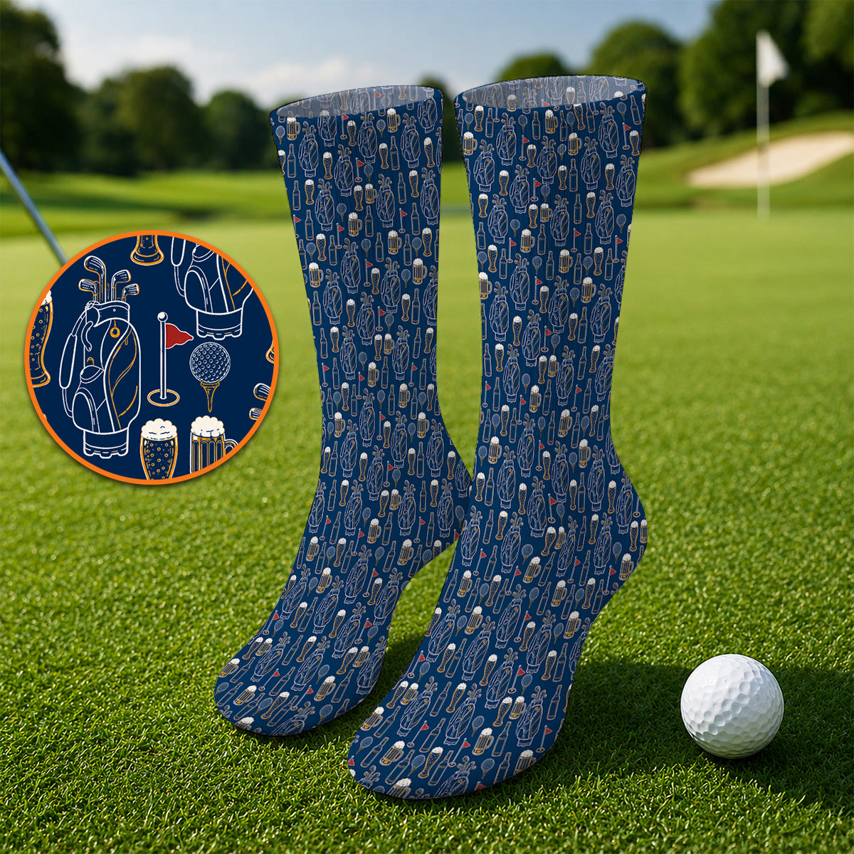 Golf And Beer Pattern Socks, Beer Lover Golf Sock, Funny Golf Gift For Golfer
