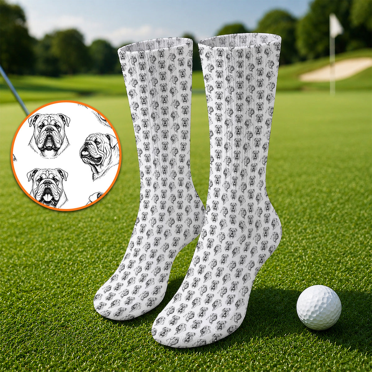 English Bulldog Golf Pattern Socks, Bulldog Golf Sock, Crazy Golf Gift For Golfers