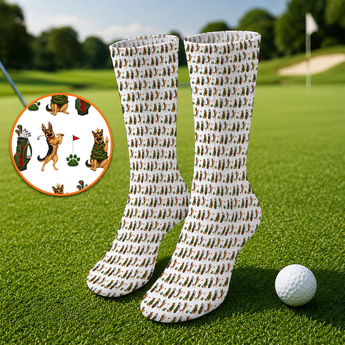 German Shepherd Christmas Golf Socks, German Shepherd Pattern Golf Sock, Xmas Golf Gift For Golfer