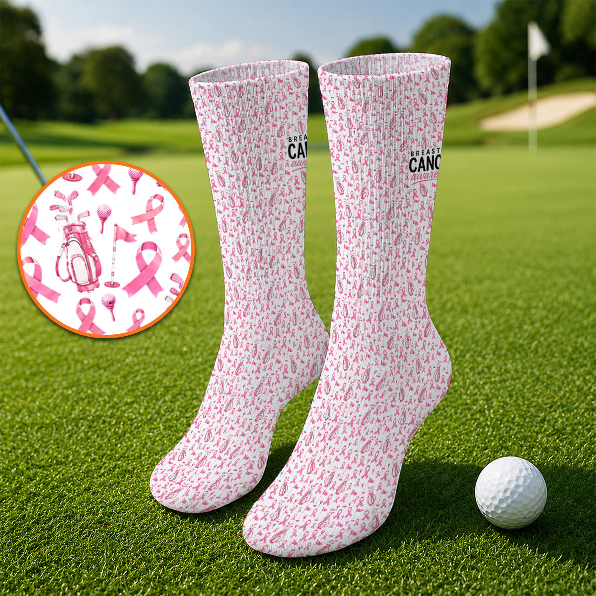 Breast Cancer Awareness Golf Socks, Pink Ribbon Golf Bag Pattern Sock, October Golf Gift for Golfer