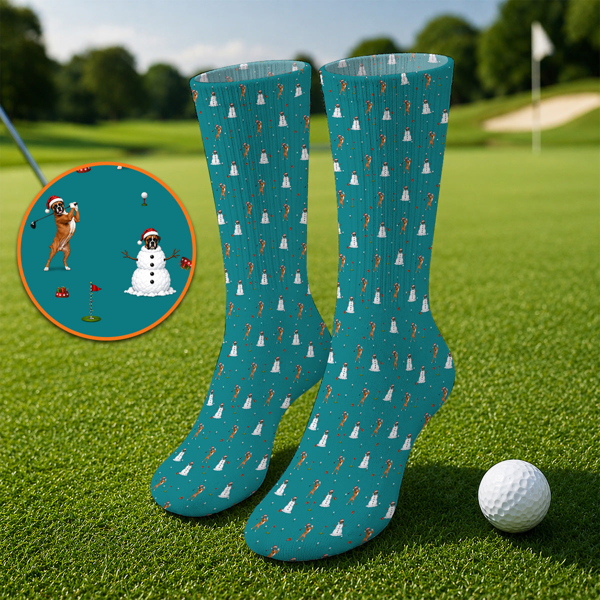 Boxer Christmas Golf Socks, Funny Boxer Pattern Golf Sock, Holiday Golf Gift for Dog Lovers