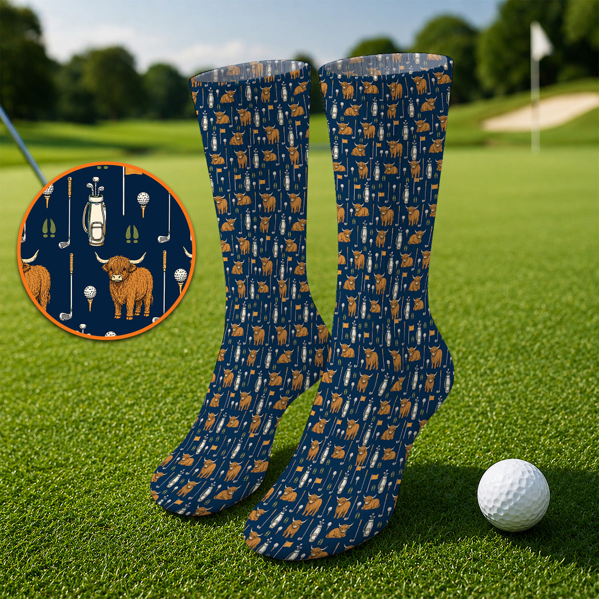 Highland Cow Fairway Socks, Highland Cow Golf Pattern Sock, Golf Gift For Golfer