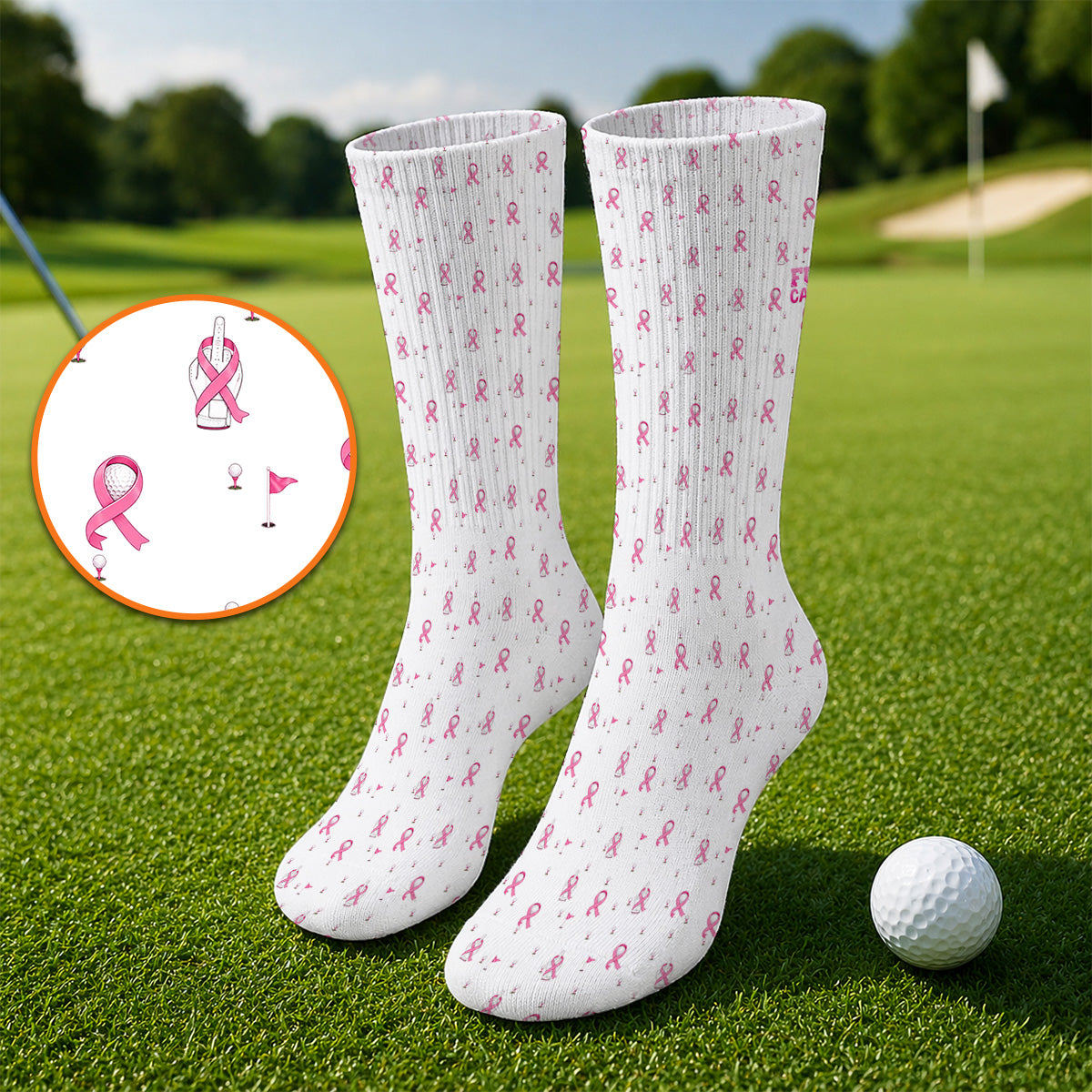 Pink Ribbon Golf Socks, Breast Cancer Awareness Pattern Golf Sock, Supportive Golfer Gift for Golfer