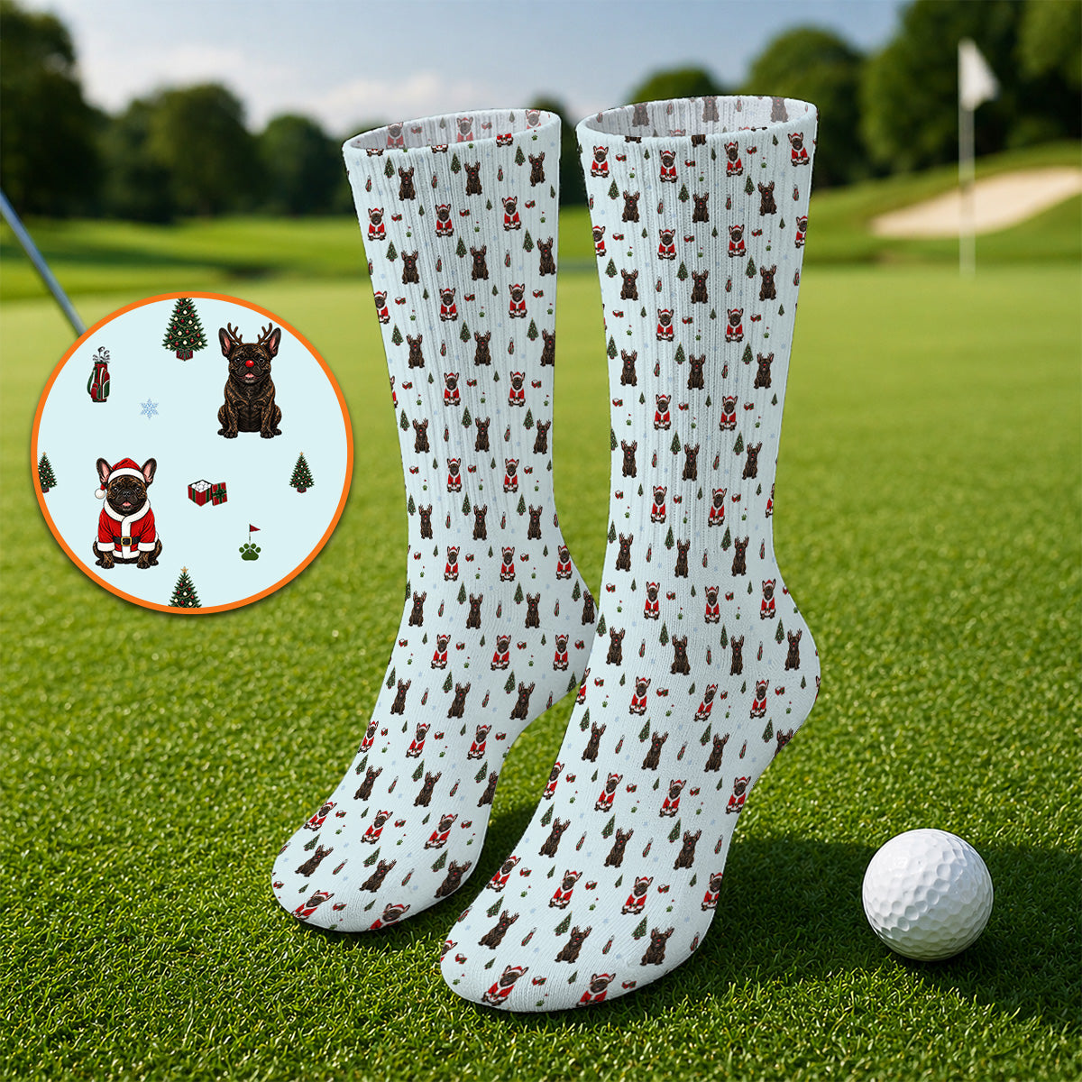 Reindeer French Bulldog Christmas Golf Socks, Festive Dog Holiday Pattern Golf Sock, Xmas Golf Gift for Golfers