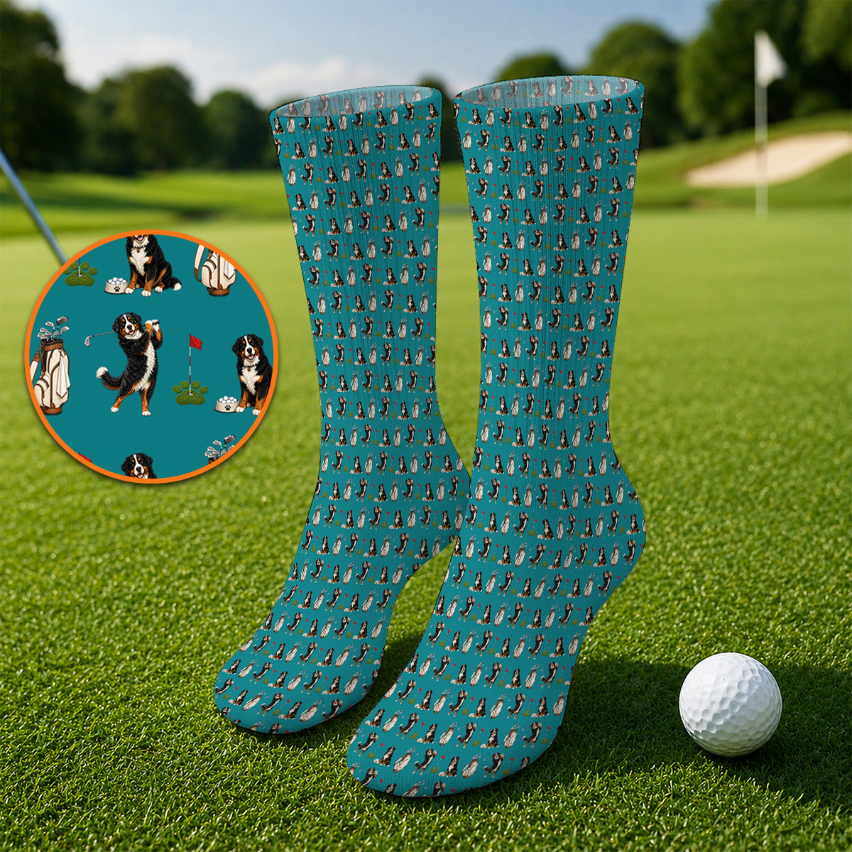 Bernese Mountain Dog Golf Pattern Socks, Bernese Golf Sock, Dog Lover Golf Gift
