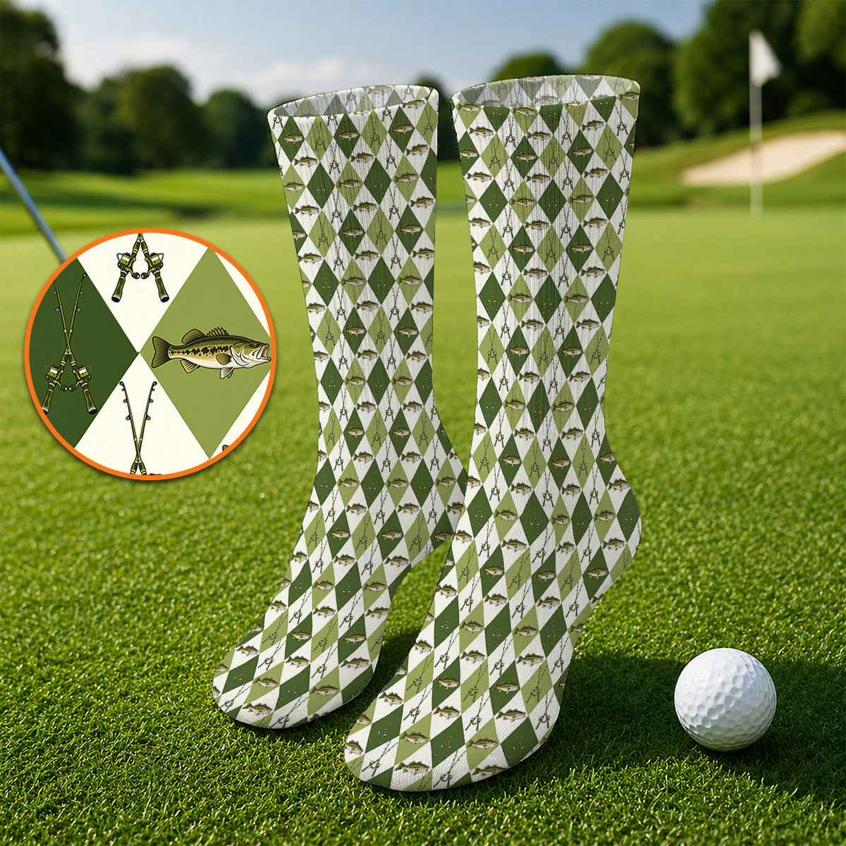 Bass Fishing Golf Socks, Fishing Bass & Rod Pattern Golf Sock, Crazy Golf Gift For Golfers