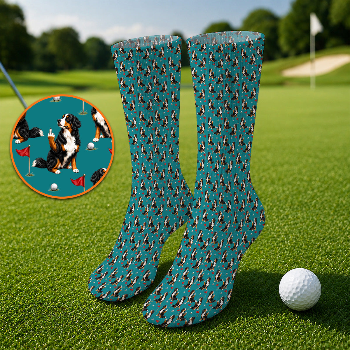 Bernese Mountain Dog Golf Pattern Socks, Bernese Golf Sock, Funny Dog Lover Golf Gift