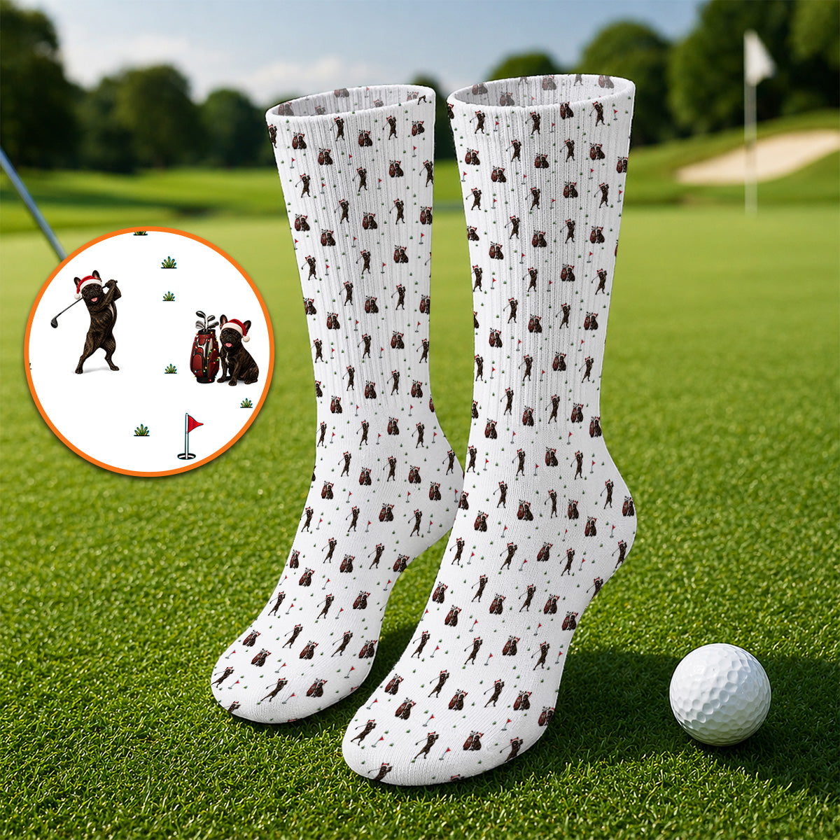 Christmas French BullDog Golfer Socks, Xmas French BullDog Golf Pattern Sock, Holiday Golf Gift for Golfers