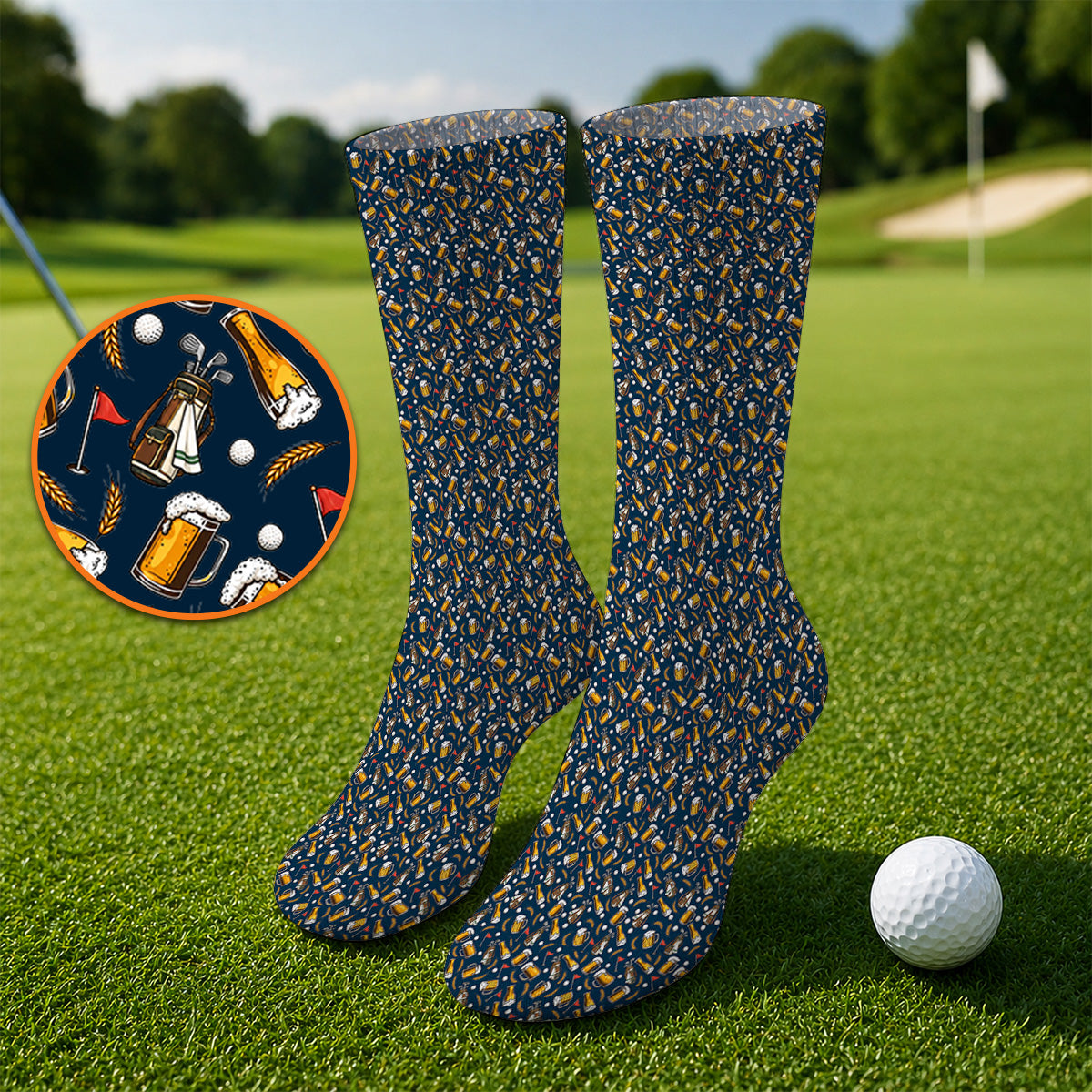 Pattern Golf And Beer Socks, Funny Golf Sock, Golf Gift For Golfer