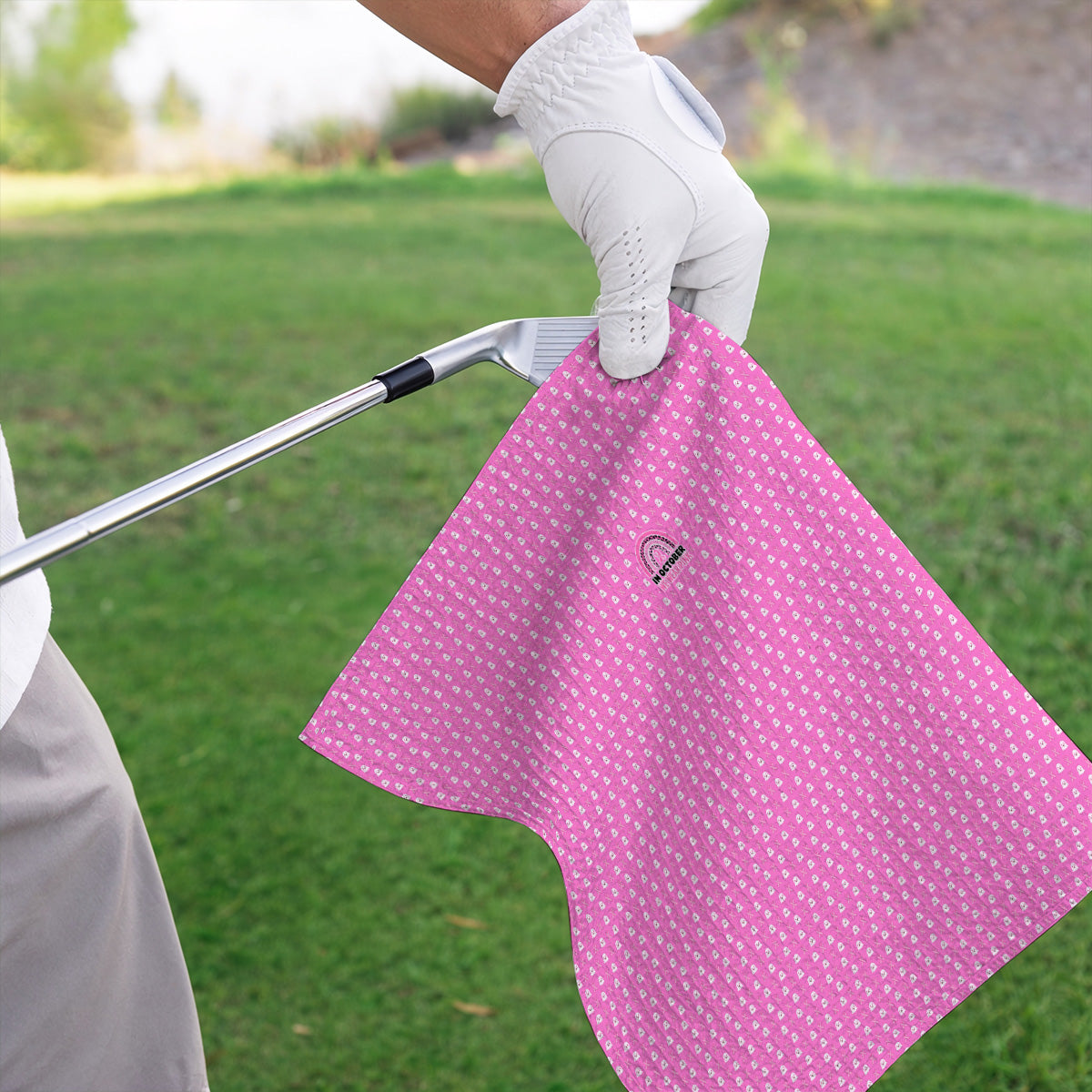 Breast Cancer Awareness Golf Towel, In October We Wear Pink Pattern Golf Towels, Pink Ribbon Golf Gift for Breast Cancer Support