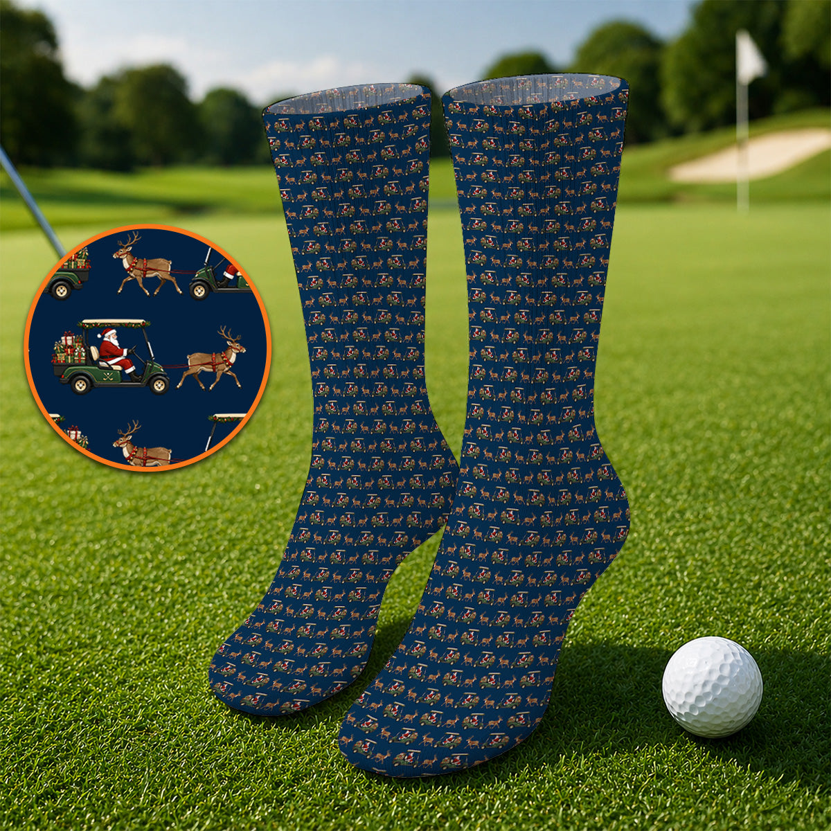 Santa Reindeer Golf Cart Socks, Xmas Pattern Golf Sock, Crazy Christmas Golf Gift