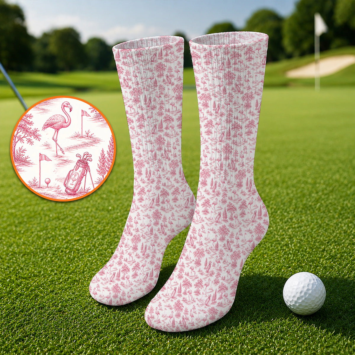Toile De Jouy Flamingo Golf Crew Sock, Crazy Pink Golf Socks, Golf Gift For Golfer