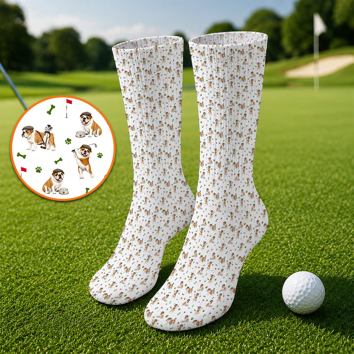 Funny Bulldog Golf Pattern Socks, English Bulldog Golf Sock, Golf Gift For Golfer